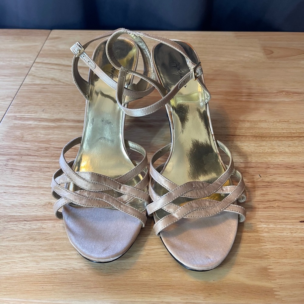 Jacqueline Ferrar Champagne Satin Strappy Heeled Sandals Women 10M 024-4700 Gold